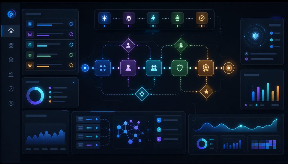 Abstract workflow automation dashboard with connected approval paths.