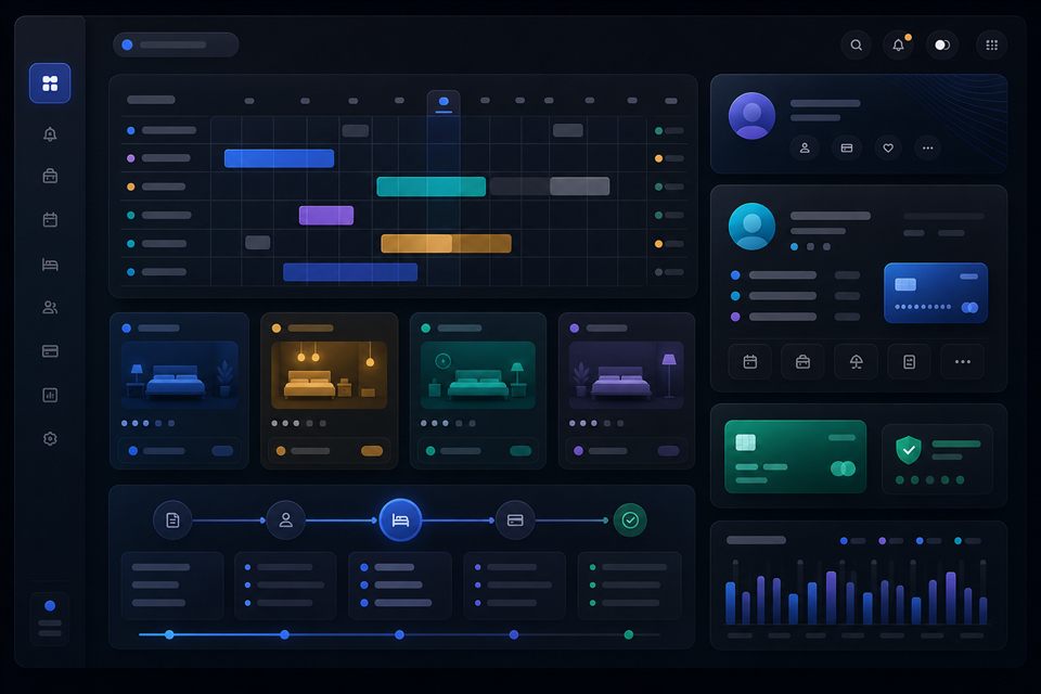 Abstract hotel booking dashboard with calendar and room modules.