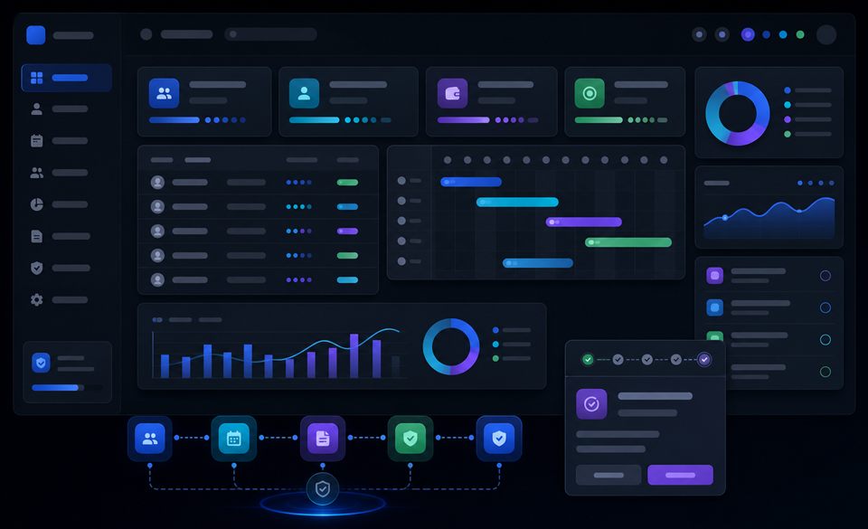 Abstract HRIS and payroll dashboard with employee and approval modules.