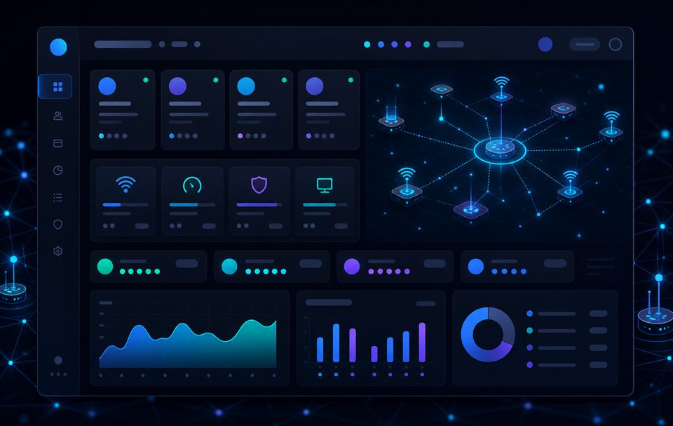 Abstract ISP billing dashboard with network nodes and status panels.