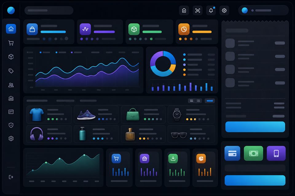 Abstract POS and inventory dashboard with product and sales panels.